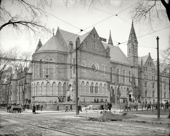 Students leaving Battell Chapel, Yale University, New Haven, Connecticut, 1910.