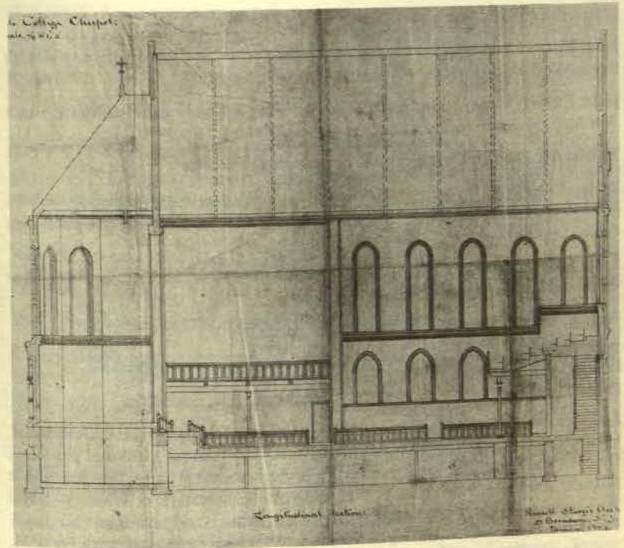 sketched blueprints of the chancel and arched windows of Battell's exterior