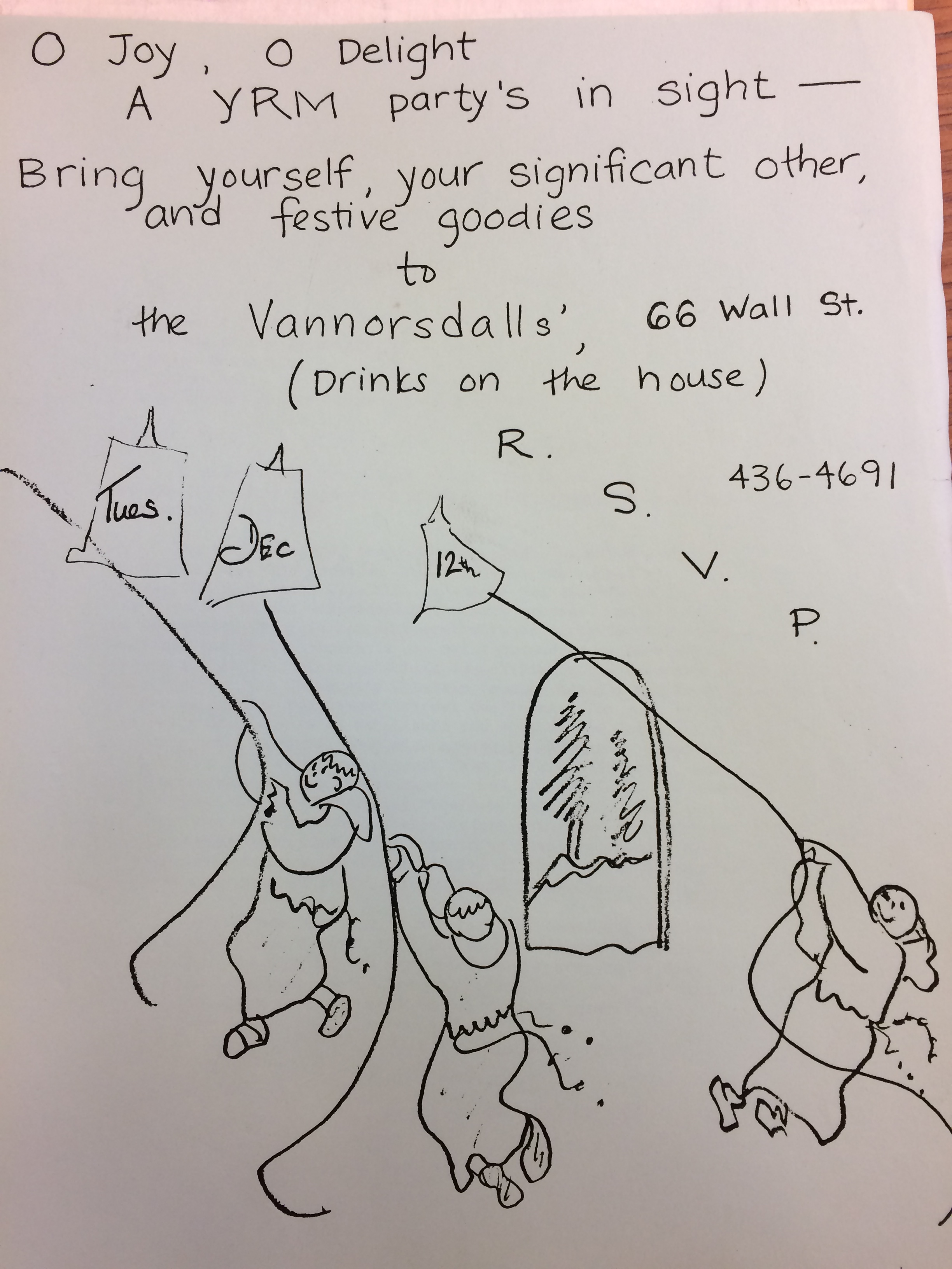 A flyer for a YRM holiday party in 1978, with hand drawn cartoons and handwritten text.