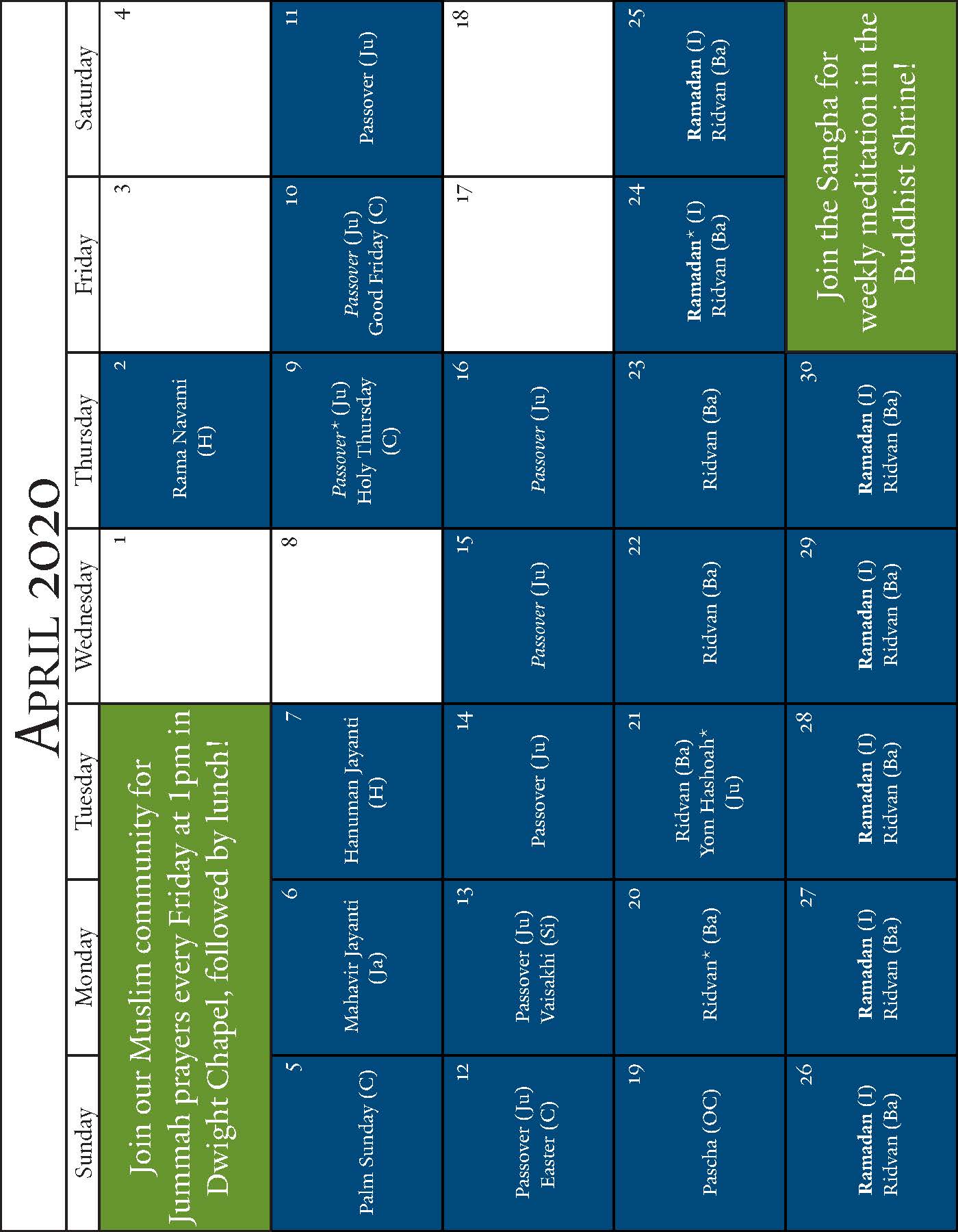 Multifaith Calendar 20192020 Chaplain's Office