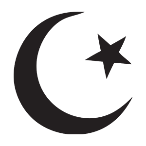 Muslim crescent moon and star in black silhouette