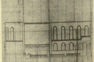 sketched blueprints of the chancel and arched windows of Battell's exterior