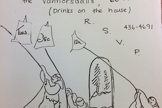 A flyer for a YRM holiday party in 1978, with hand drawn cartoons and handwritten text.
