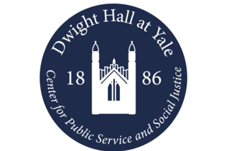 White silhouette of Dwight Hall with text reading Dwight Hall at Yale 1886, Center for Public Service and Social Justice
