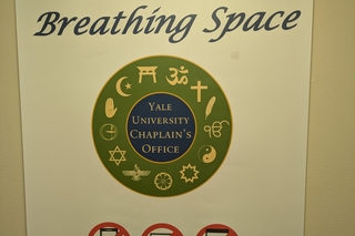 a 'welcome to breathing space' sign, with the chaplain's office logo and extra text saying it is a tech free zone